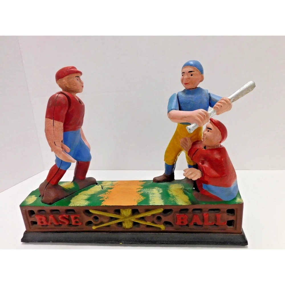 VTG Style Cast Iron Mechanical Baseball Coin Bank Pitcher Batter Catcher DH33